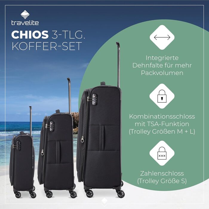 Набір валіз Travelite Chios: L/M/S, чорний, м'яка оболонка, ручна поклажа, IATA
