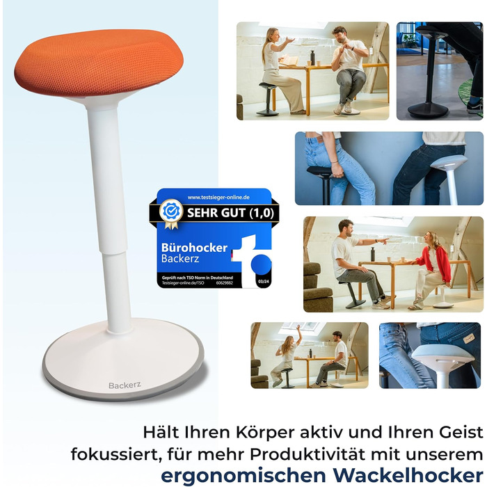 Ергономічний офісний стілець-хокер з регулюванням висоти та ефектом балансування, помаранчевий (55-80 см). Тест-переможець! Стілець для стоячої роботи