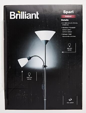 Стельовий омийник Brilliant Spari 1,8 м, чорний/білий, підходить для LED, лампа для читання з вимикачем шнура