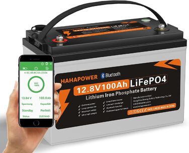 Акумулятор Hahapower 12.8V 100Ah Bluetooth LiFePO4, розумне живлення, захист від холоду, 15000 циклів, 150A BMS, для автофургонів, сонячна батарея