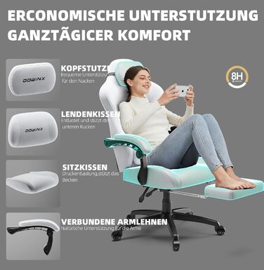 Ігровий крісло Dowinx з регульованою висотою масажного поперекового підтримувача, ергономічний дизайн, м'яка мікрофібра велюр, посилене сидіння, підголовник та підніжка в комплекті, регулювання на 155°, (Білий, Титан)