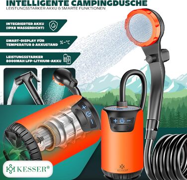 Соняшний душ KESSER® з насосом та акумулятором 8000mAh. Комплект для кемпінгу: регульована лійка, шланг 2м, пістолет-розпилювач, кріплення. Без бака, оранжевий/чорний