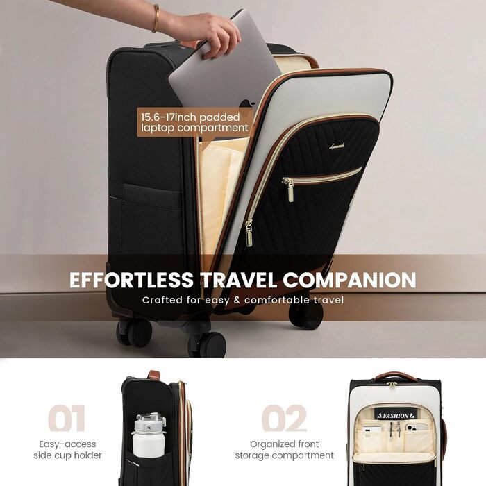 LOVEVOOK Набір валіз ручної поклажі: ручна валіза, середнього розміру, 20 дюймів, з відділенням для ноутбука 17 дюймів, легка, для жінок, подорожі, ділові поїздки, чорний, білий, коричневий