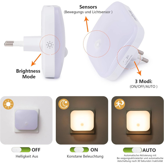 Нічник з датчиком руху, LED нічник у розетку з регулюванням яскравості та 3 режимами (Авто/Увімкнено/Вимкнено), тепле біле освітлення для дитячої кімнати, спальні, коридору, кухні (2 шт.)