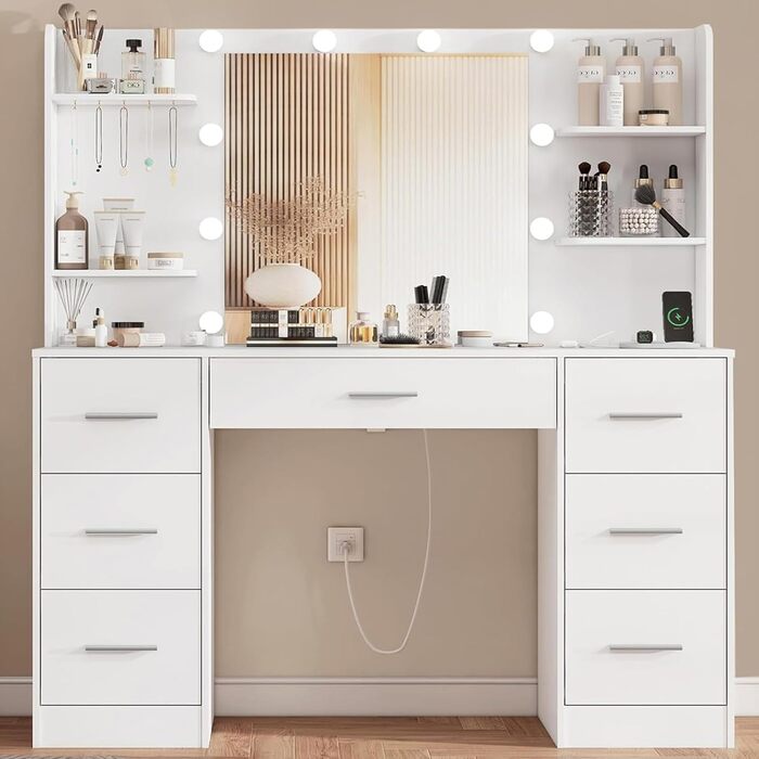 Дзеркальний туалетний столик TEENFON з LED-підсвіткою, 7 ящиками та 4 відкритими полицями, білий