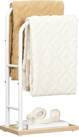 Підставка для рушників HOOBRO, стояча, з 2 перекладинами, білий + натуральне дерево, 40 x 24 x 80,5 см