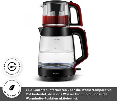 Чайник-заварник Karaca Glass XL 2 в 1 Shiny Black, 0.9л, 2.2л, LED, автоматичний, з обертовою основою
