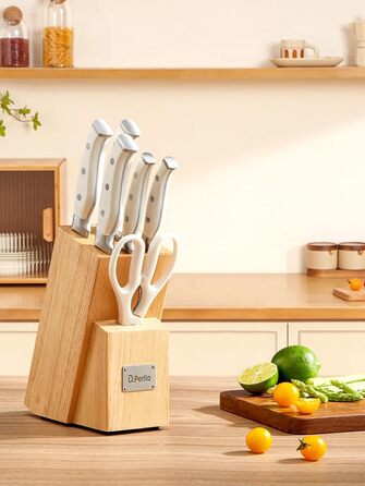 Набір ножів D.Perlla 7 предметів з точилкою, професійний кухонний набір з нержавіючої сталі з пластиковою ручкою та дерев'яним блоком, білий