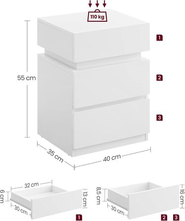 Тумбочка приліжкова зі світлодіодом, 3 ящики, 35x40x55 см, біла LET630T10