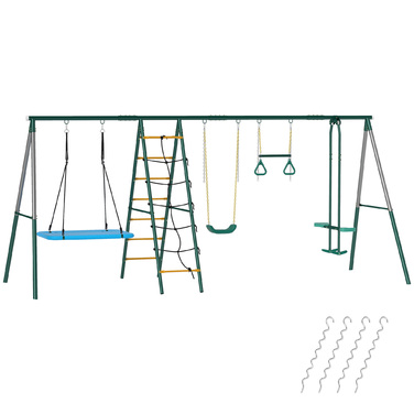 Комплекс для ігор 5-в-1 з регульованою гойдалкою-гніздечком, кільцями для гімнастики, двомісною гойдатю та комплексом для лазіння, призначений для дітей 3-8 років, розміром 440x175x203 см.