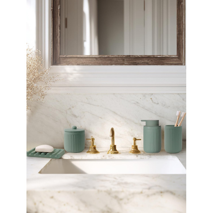 Набір аксесуарів для ванної кімнати 4 шт. з кераміки: дозатор для мила 350 мл, стакан для зубної пасти, мильниця, контейнер для ватних паличок. Декоративний набір для раковини (зелений)