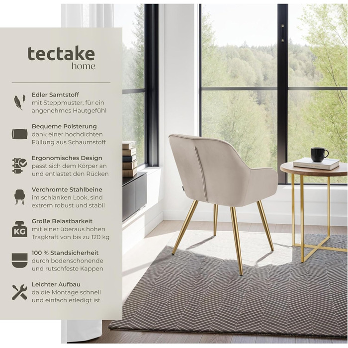 Тектейк® Комплект з 6 крісел з оксамиту для вітальні, їдальні, туалетного столика - бежево-золотий колір