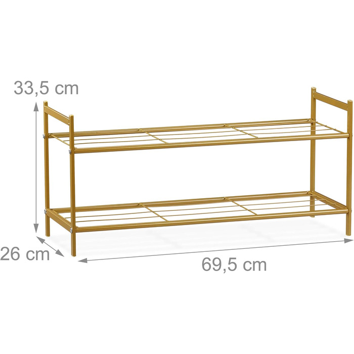 Полиця для взуття Relaxdays SANDRA, 2 рівні, для 6 пар взуття, метал, полиця для взуття, HBD приблизно 33,5 x 69,5 x 26 см, металева полиця 2 полиці (золото)