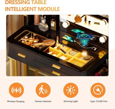 Трюмо Lvifur з дзеркалом у стилі Голлівуд, 10 регульованих лампочок, пуф, ящик, станція зарядки, USB-порт, чорний колір