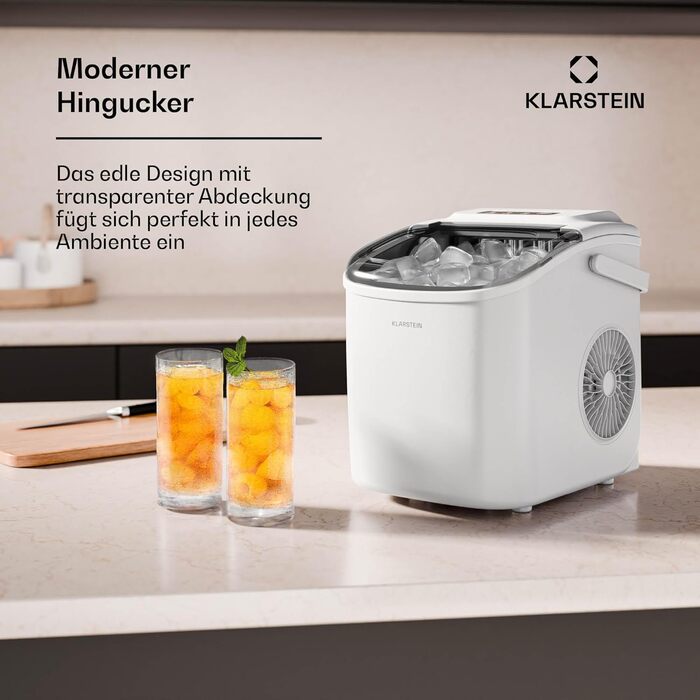Машина для приготування льоду Klarstein - 12 кг/24 год, 2 розміри, резервуар 1,3 л, LED-дисплеї, прозорий кришка, портативна, для вечірок/садових свят, білий
