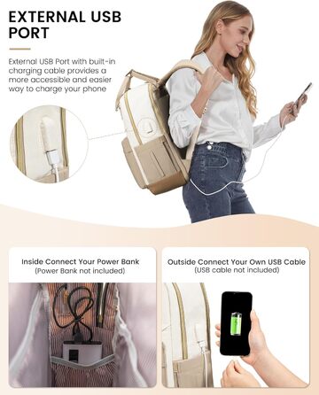 LOVEVOOK Рюкзак для жінок, 15.6 дюймів, рюкзак для ноутбука, рюкзак для подорожей, водонепроникний, сумка для роботи, рюкзак, жіноча шкільна сумка, для підлітків, дівчаток, елегантний, для школи, університету, подорожей, роботи, офісу, Бежевий, 15.6 дюймі