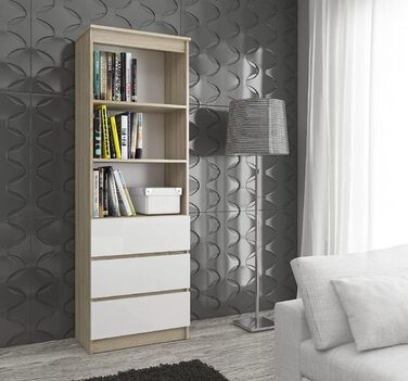 Офісна книжкова шафа AKORD CLP 60 см 3 висувні ящики, 3 стоячі полиці для шафи, вітальні, спальні, книжкових полиць Мінімалізм Ламінована пластина 16 мм Дуб Сонома Білий фасад