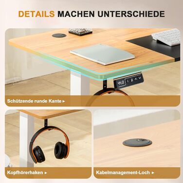 COMHOMA Стол письмовий регульований по висоті 160x70 см з USB-роз'ємом та гачками, Електричний стіл для комп'ютера, Стол для стоячи-сидячи, Піднятий стіл (Коричневий, 60*140 см)