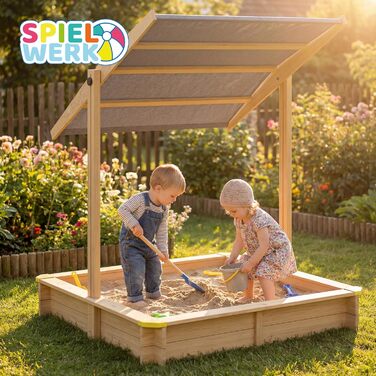 Пісочниця Spielwerk Samu з дахом від сонця 120x120 см, натуральне дерево, захист країв, UV 50, з рівнем наповнення, для дітей