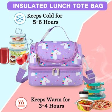 Дитяча сумка для ланчу, сумка-холодильник з двома відділеннями, сумка-холодильник для дівчаток і жінок, для школи, дитячого садка, дитячого садка, пікніка