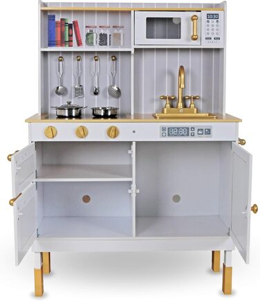 Дерев'яна дитяча кухня Mamabrum з LED-підсвічуванням - іграшковий кухонний набір з висотою, що регулюється, з приготуванням кубиків льоду, мікрохвильовою піччю, плитою та посудомийною машиною - іграшка для дітей від 3 років (Білий)