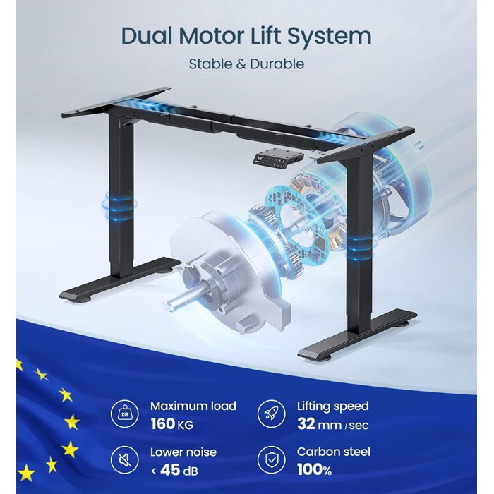 Регульований за висотою електричний стіл MAIDeSITe з 2 моторами, 4 пам'яттю та захистом від зіткнення (чорний), 72-120 см