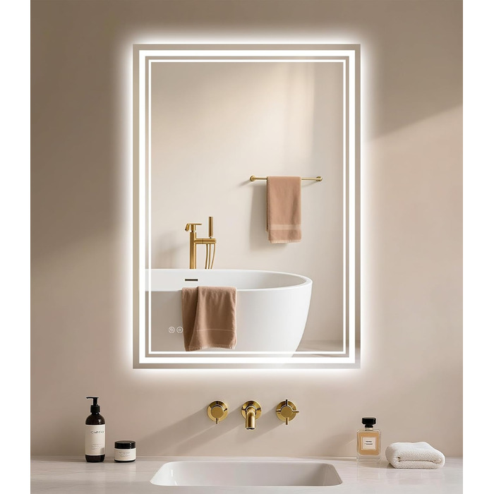 Дзеркало для ванної кімнати з підсвічуванням Badspiegel 50x70см LED, антизапар, сенсорне керування, регулювання яскравості, 3 кольори світла, настінне, горизонтальне/вертикальне