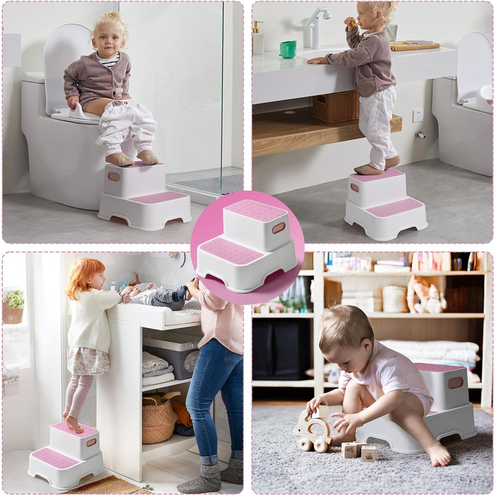 Дитяче сидіння на унітаз DEANIC з підставкою-сходинками, рожеве - для малюків від 1 до 6 років + 2 подушки та щітка