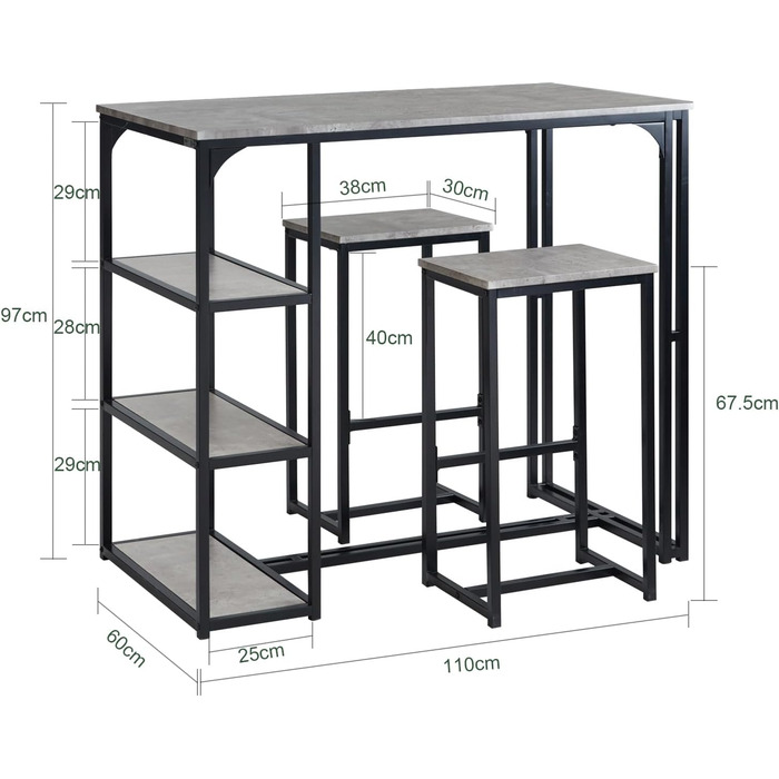 SoBuy OGT43-HG Барний стіл з 3 стільцями: комплект для їжі, стоячий стіл, барна стійка, світло-сірий