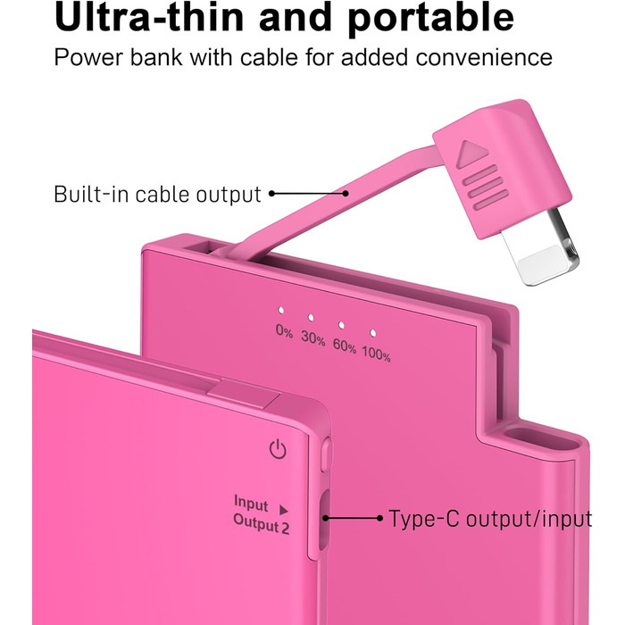Ультратонкий павербанк 5000 мАг з кабелем, портативний, ультратонкий, легкий, рожевий, 0,68