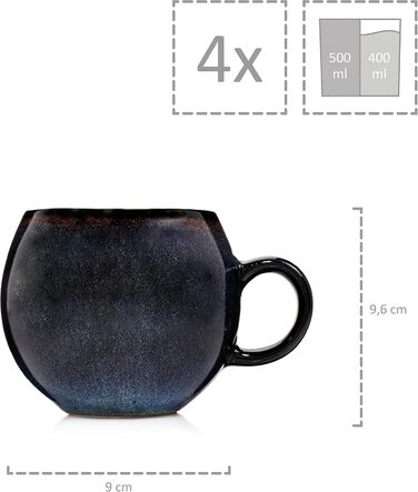 Набір кавових чашок Sänger Tokio 8 шт., чашки для капучино 4 шт., набір чашок з блюдцями, 80 мл, кераміка, блакитно-чорний колір з коричневими акцентами, PREMIUM COLLECTION