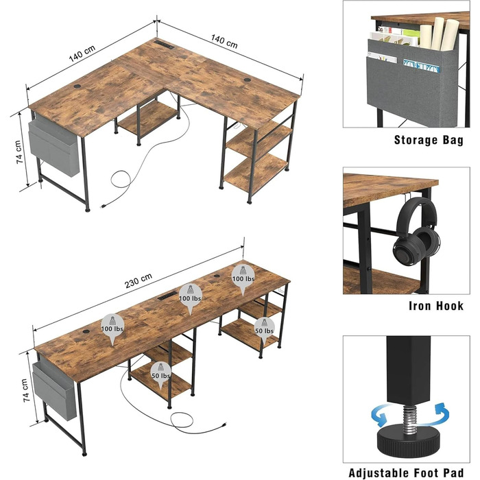 Ігровий кутовий стіл L-подібної форми з LED-підсвічуванням та розетками, 140x140 см, реверсивний комп'ютерний стіл з підставкою для монітора, 4 полиці та бічні кишені для дому та офісу (колір: коричневий, розміри: 140x140x74 см)