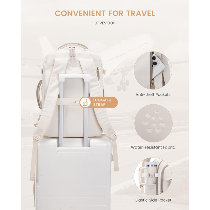 Рюкзак для ручної поклажі LOVEVOOK 40L, рюкзак для подорожей для жінок, з відділенням для мокрого та сухого, 45x36x20 см, для ноутбука, ручної поклажі, 18 дюймів (Бежевий хакі)