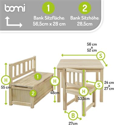 Дитячий меблевий набір Bomi Anna: стіл, 2 стільці та лавка-сховище | Меблі для дитячої кімнати з FSC сертифікованого дерева | Білий (натуральний)