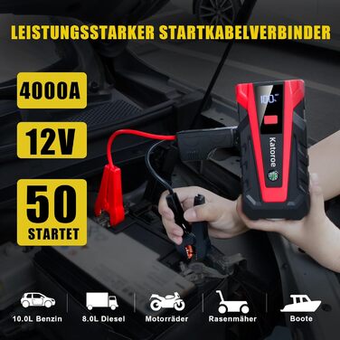 Powerbank Starthilfe 4000A: Зарядний пристрій для автомобіля, SUV та мотоцикла з LED ліхтариком. Підходить для бензинових двигунів до 9.0L та дизельних до 7.0L.