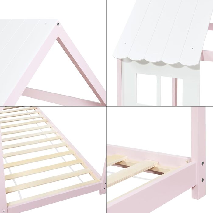 Дитяче ліжко Tostedt: хатинка, ліжко-ігровий будиночок, ліжко для підлітків, модель Bettenhaus, напіввідкрите дизайну, ліжко Монтессорі з масиву сосни, 120x200 см, рожево-біле
