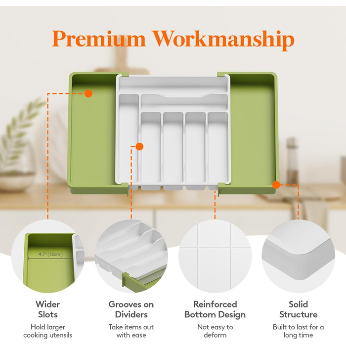 Лоток для столових приборів Lifewit для висувних ящиків, розширюваний лоток для столових приборів, регульований лоток для столових приборів, пластик, тримач для ножів ложки, тримач для ножів, великий, (зелений і білий)