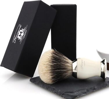 Щітка для гоління Haryali London Badger Hair Real Silvertip Badger Hair - Щітка для гоління для вологого гоління - Чорна ручка з дорогоцінної смоли та металеві акценти для безпечного гоління бритвою Набір щіток для гоління Ivory