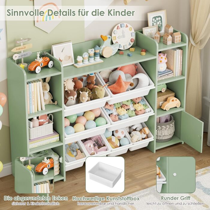 FOREHILL Регульована полиця для іграшок з 8 ящиками, дитячий шафка, книжкова полиця для дітей, меблі для дитячої кімнати з ящиком для іграшок, 138,8 x 94,3 x 29,6 см, білий (зелений)