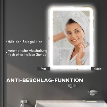 Дзеркало для ванної кімнати HOMCOM з підсвічуванням 50 x 70 см, LED, 3 кольори світла, сенсорне управління, функція пам'яті, антизапар, срібло