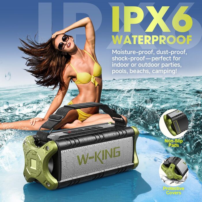 W-KING Портативна Bluetooth Колонка 90W, Вологостійка IPX6, 40 годин, Powerbank, NFC, AUX, TF, Зелена