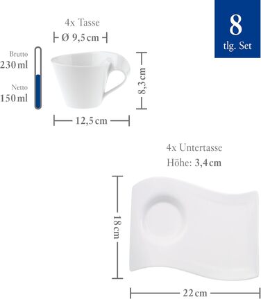 Набір кавовий Villeroy & Boch NewWave Premium Cappuccino 8 предметів на 4 персони, білий, для кавоварки, миюча посудомийна машина, дизайн хвиля, 4 шт.