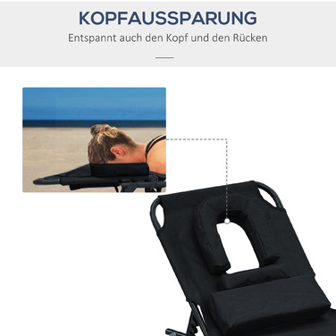 Розкладний шезлонг для саду з підголовником, лежак з 4-позиційним регулюванням спинки, кемпінговий стілець з підсвічуванням для читання, садова крісло, витримує до 120 кг, для саду, балкону, чорного кольору.