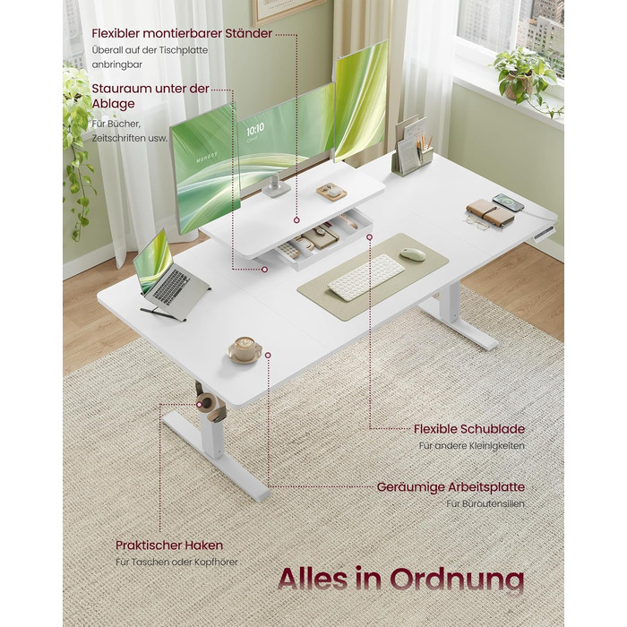 Регульований стіл VASAGLE з підставкою для монітора, шухлядою та USB-C, нагадування про перерви, 160 x 80 см, Wolkenweiß