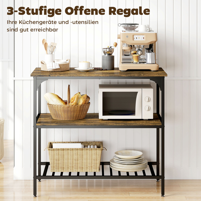 Стелаж для кухні Bäckerregal, 3-ярусний з металевим каркасом, у стилі рустикального коричнево-чорного кольору