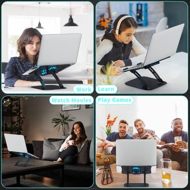 Регульована підставка для ноутбука з RGB вентилятором, складана з алюмінієвого сплаву, вентильована, ергономічна, сумісна з MacBook, 10-17'' (чорний)