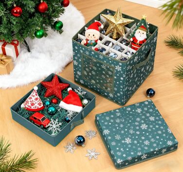 Коробка для зберігання новорічних прикрас, 166 відділень, з регульованими перегородками, кришкою та ручками, 31x31x30 см, червона, принт сніжинки, білий фон