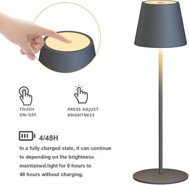 LED настільна лампа MALUX бездротова з торшевим керуванням, регулювання яскравості, тепле біле світло 2700K-4000K, метал, акумулятор, водонепроникність IP54, для саду, їдальні, спальні, робочого кабінету, балкону, готелю (темно-сірий)