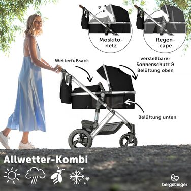 Дитяча коляска Bergsteiger Nizza 3 в 1, комплект: автокрісло, люлька, прогулянковий блок (чорний/срібний)