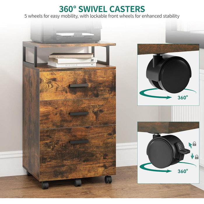 Мобільний архівний шафа YITAHOME на коліщатках, офісний контейнер з шухлядами, шафа-контейнер на колесах, тумба з шухлядами для дому та офісу, 45.7 x 36 x 76.2 см (Вінтаж-коричневий)